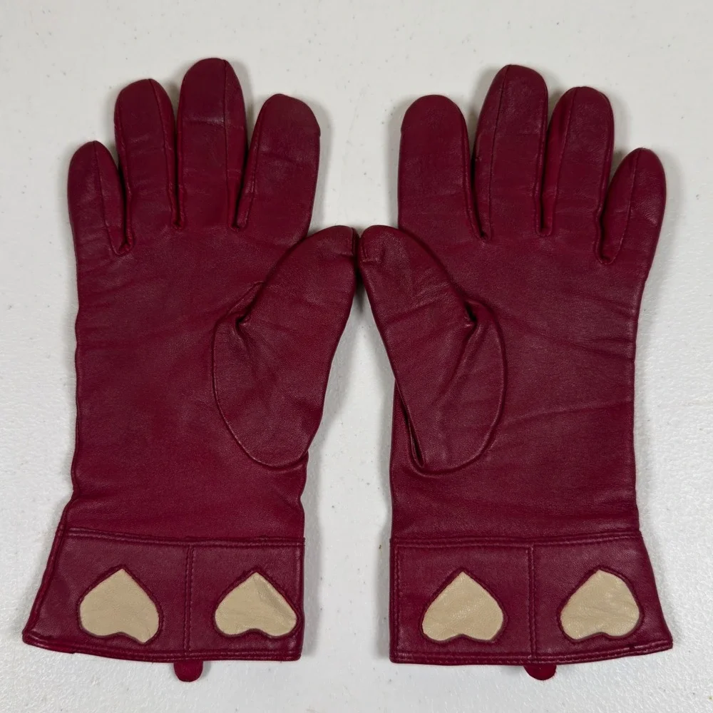 Carole Little Burgundy Leather Gloves Women Large Heart Applique Knit Lined Red